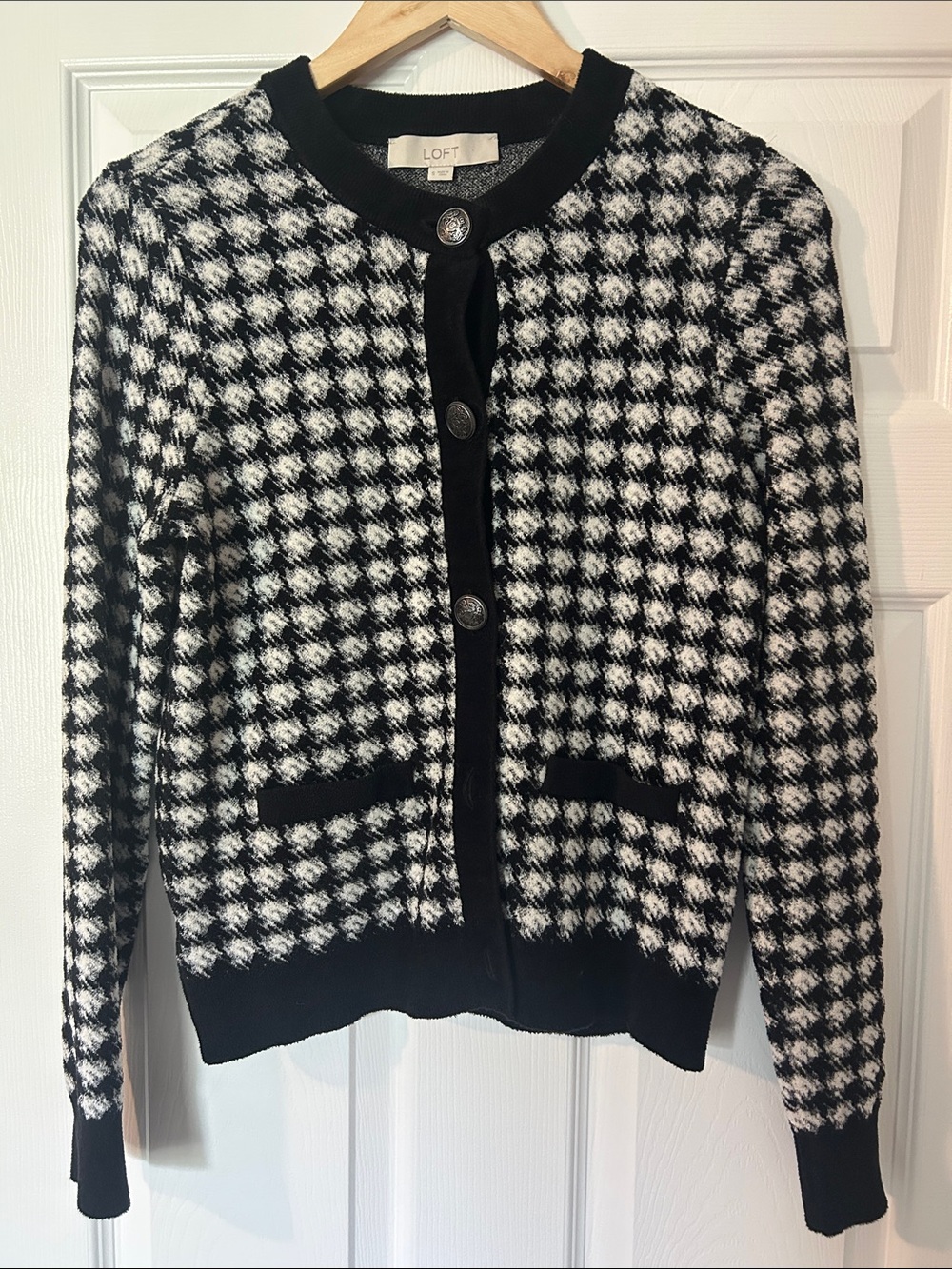 LOFT Black & White Houndstooth Cardigan with Contrast Trim